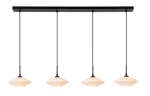 Czarna lampa sufitowa Trevor z czterema kloszami w kształcie diamentu, wykonana z matowego szkła, zawieszona na cienkich linkach. Lampa montowana na prostokątnej podstawie, idealna do nowoczesnych wnętrz.