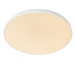 Plafon Unar D80 w kolorze białym, okrągły, z jedną diodą LED o mocy 80W. Widoczny zbliżenie na gładką, matową powierzchnię klosza, emitującego ciepłe światło. Produkt zamontowany na suficie, na jednolitym tle.