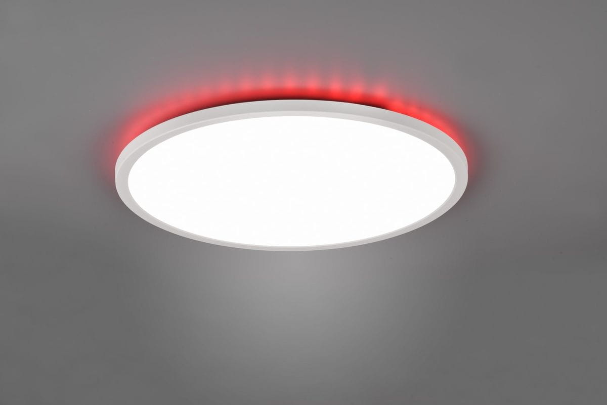 Plafon Aureo D40 w kolorze białym z podświetleniem RGB, z pilotem. Okrągły, zamontowany na suficie, emituje białe światło z czerwoną poświatą na krawędzi. Wykonany z materiałów plastikowych, nowoczesny design.