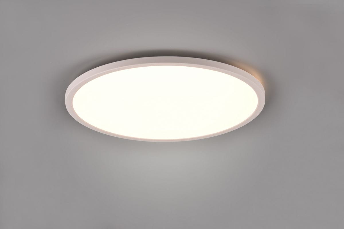 Plafon Aureo D40 w kolorze białym, okrągły, montowany na suficie. Wbudowane oświetlenie LED o mocy 30W, z funkcją RGB, zdalnie sterowany pilotem. Produkt w widoku frontalnym, na jednolitym tle.