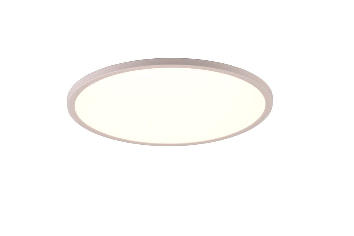 Plafon Aureo D40 w kolorze białym, o okrągłym kształcie, z pilotem, z jedną diodą LED o mocy 30W. Oświetlenie montowane sufitowo, emitujące miękkie, rozproszone światło, idealne do nowoczesnych wnętrz.