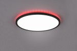 Plafon Aureo D40 w kolorze czarnym, okrągły, z białą, matową powierzchnią. Posiada podświetlenie RGB w czerwonym kolorze, zdalnie sterowany pilotem. Ujęcie z góry, zamontowany na szarym tle.