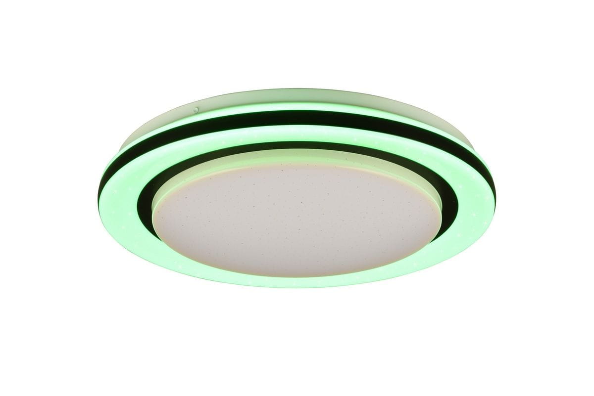 Plafon Cartida z pilotem, okrągły, w białym kolorze z RGB LED, o średnicy średniej, z zielonym podświetleniem wokół. Montaż sufitowy, widok z dołu, z wyraźnym wzorem świetlnym. Idealny do nowoczesnych wnętrz.