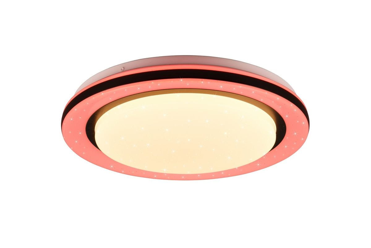 Plafon Cartida RGB z pilotem, okrągły, o średnicy 17W, z białym kloszem i różowym obrzeżem ozdobionym gwiazdkami. Produkt zamontowany na suficie, w trybie włączonym, emitujący miękkie światło.