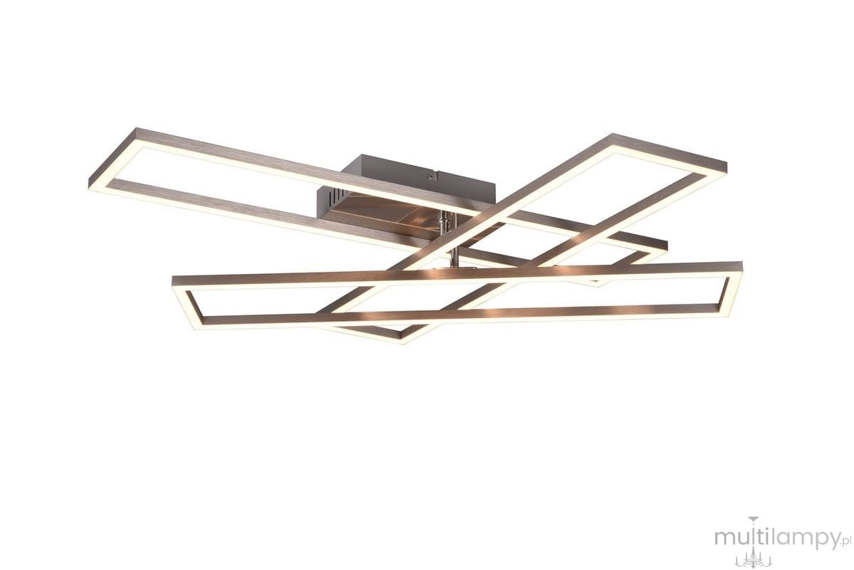 Lampa sufitowa Corso w kolorze niklowym z trzema źródłami światła LED o mocy 36W. Posiada nowoczesny, geometryczny design z prostokątnymi ramkami, zamontowana na płaskim stelażu. Widok z boku, pokazujący detale konstrukcji.