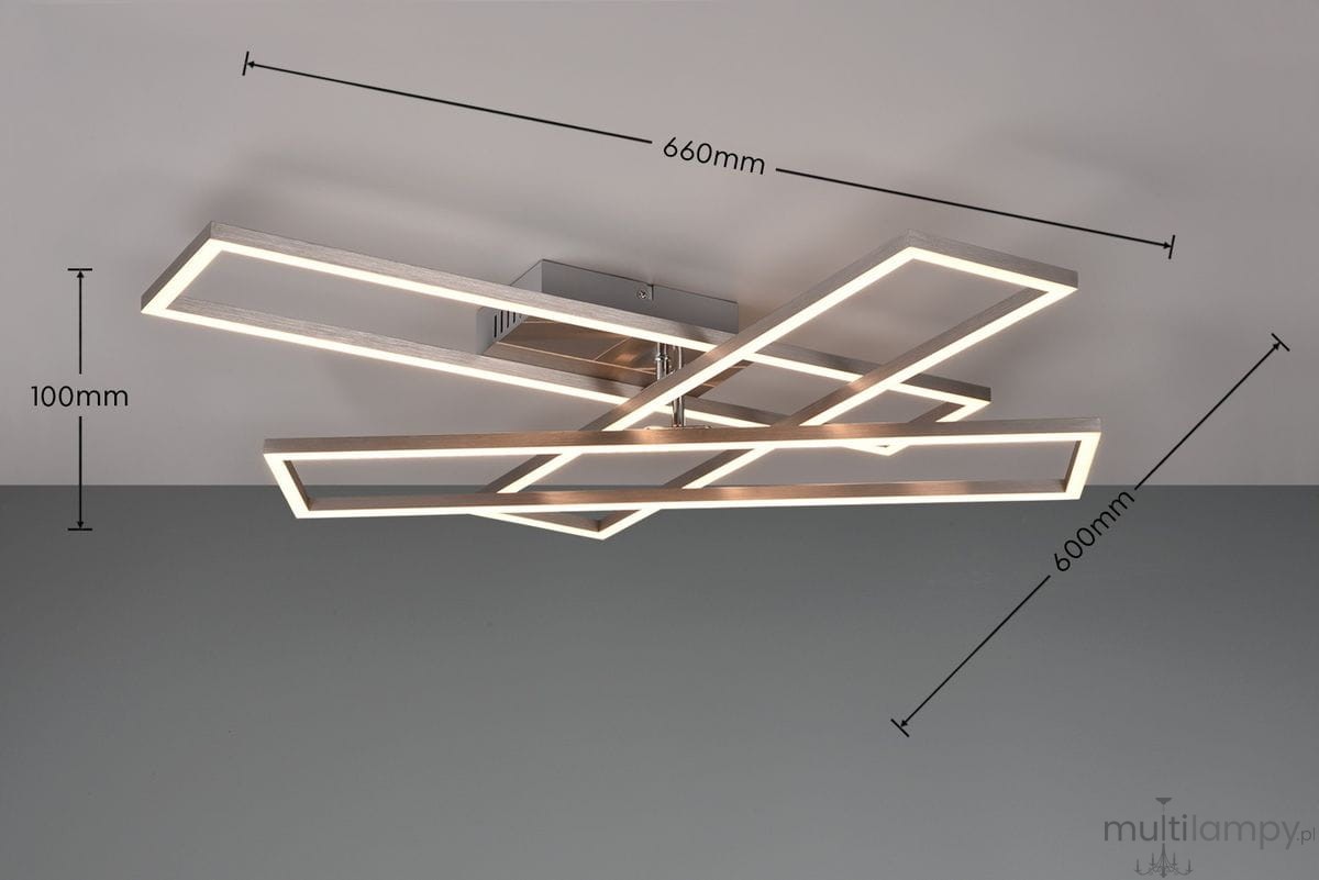 Lampa sufitowa Corso w kolorze niklu, z pilotem, trzy źródła LED, w kształcie geometrycznych ram, wymiary 660 mm x 600 mm x 100 mm. Montaż przy suficie, z subtelnym podświetleniem. Idealna do nowoczesnych wnętrz.