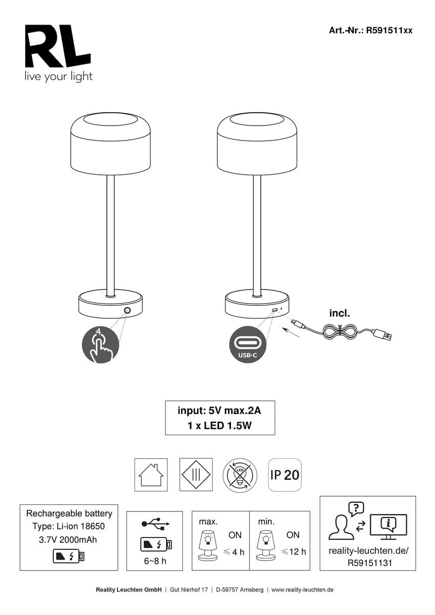 Lampa stołowa Jeff w kolorze białym, z jedną diodą LED o mocy 1,5W. Posiada okrągłą podstawę i cylindryczny klosz. Zasilana przez port USB-C. Wysokość lampy wynosi około 30 cm. Idealna do użytku wewnętrznego, klasyfikacja IP20.
