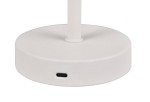 Biała lampa stołowa Jeff z podstawą w okrągłym kształcie. Widoczny port USB-C na boku podstawy. Ujęcie z boku, pokazujące detal podstawy i materiał o matowej fakturze.