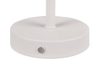 Biała lampa stołowa Jeff z okrągłą podstawą, wykonana z matowego materiału. Widoczny metalowy przycisk włącznika na podstawie. Lampa ma prosty, minimalistyczny kształt, idealna do nowoczesnych wnętrz.