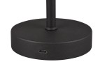 Czarna lampa stołowa Jeff z jedną diodą LED 1,5W, z okrągłą podstawą i cienkim, prostym ramieniem. Widoczny port USB-C na podstawie, umożliwiający ładowanie. Produkt stoi na płaskiej powierzchni.