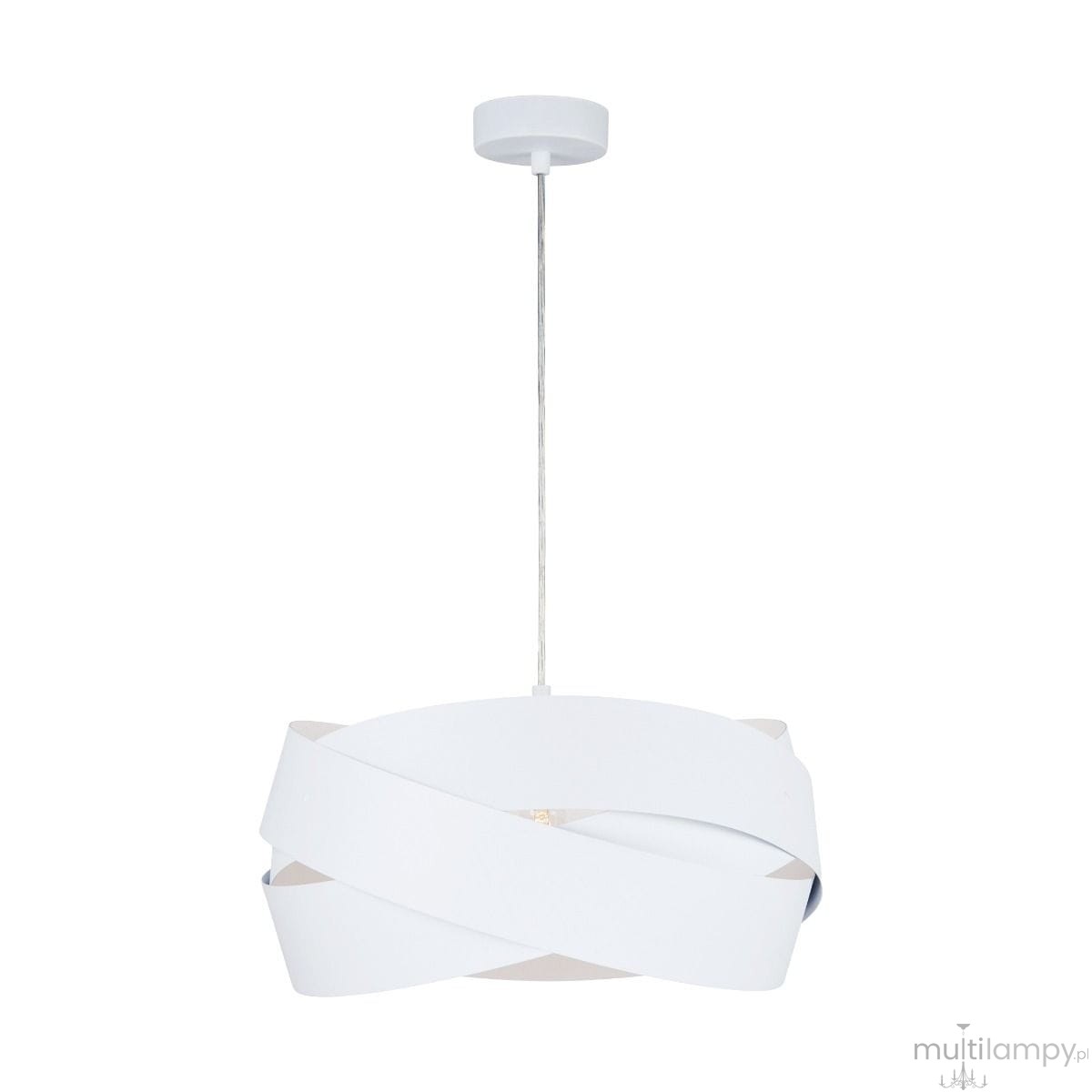 Lampa wisząca Tornado w kolorze białym, z jedną oprawą E27. Produkt ma nowoczesny, falisty kształt, zawieszony na cienkim przewodzie. Widoczna żarówka wewnątrz klosza. Tło jasne, co podkreśla elegancki design lampy.