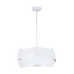 Lampa wisząca Tornado w kolorze białym, z jedną oprawą E27. Produkt ma nowoczesny, falisty kształt, zawieszony na cienkim przewodzie. Widoczna żarówka wewnątrz klosza. Tło jasne, co podkreśla elegancki design lampy.