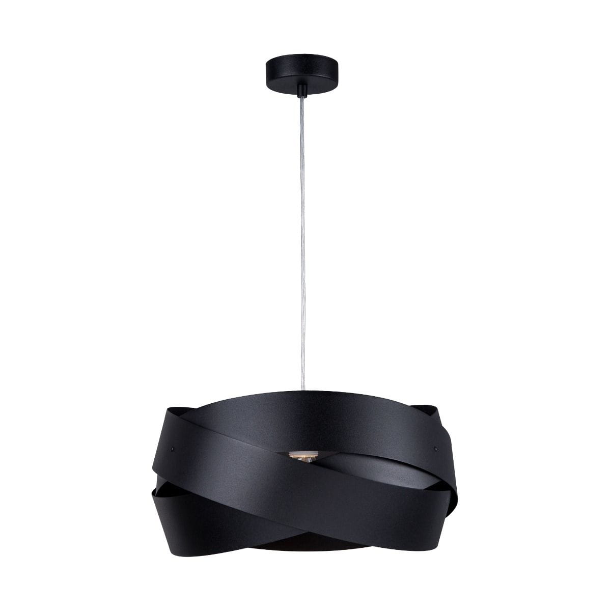 Lampa wisząca Tornado w kolorze czarnym, z metalowym kloszem w formie skręconych pasków. Montaż sufitowy, jedno źródło światła E27. Zawieszona na cienkim przewodzie, z okrągłą podstawą. Idealna do nowoczesnych wnętrz.