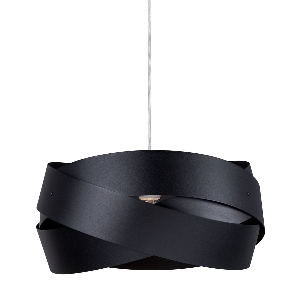 Lampa wisząca Tornado w kolorze czarnym, wykonana z matowego materiału, złożona z kilku zakręconych pasów. Posiada miejsce na żarówkę E27. Zawieszona na cienkim, przezroczystym przewodzie, prezentuje nowoczesny design.