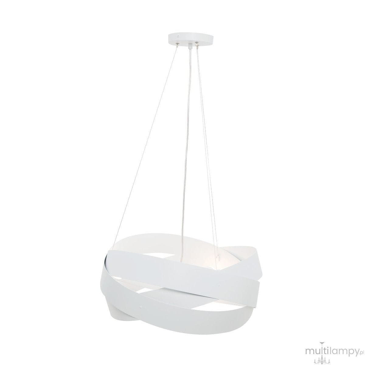 Lampa wisząca Tornado w kolorze białym, z trzema miejscami na żarówki E27. Posiada nowoczesny, spiralny kształt i jest zawieszona na cienkich linkach. Widoczny sufitowy uchwyt w białym kolorze.