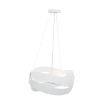 Lampa wisząca Tornado w kolorze białym, z trzema miejscami na żarówki E27. Posiada nowoczesny, spiralny kształt i jest zawieszona na cienkich linkach. Widoczny sufitowy uchwyt w białym kolorze.