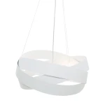 Lampa wisząca Tornado 3xE27 w kolorze białym, złożona z kilku falujących pasków materiału, zawieszona na cienkich linkach. Źródło światła umieszczone w centralnej części, zapewniające równomierne oświetlenie.