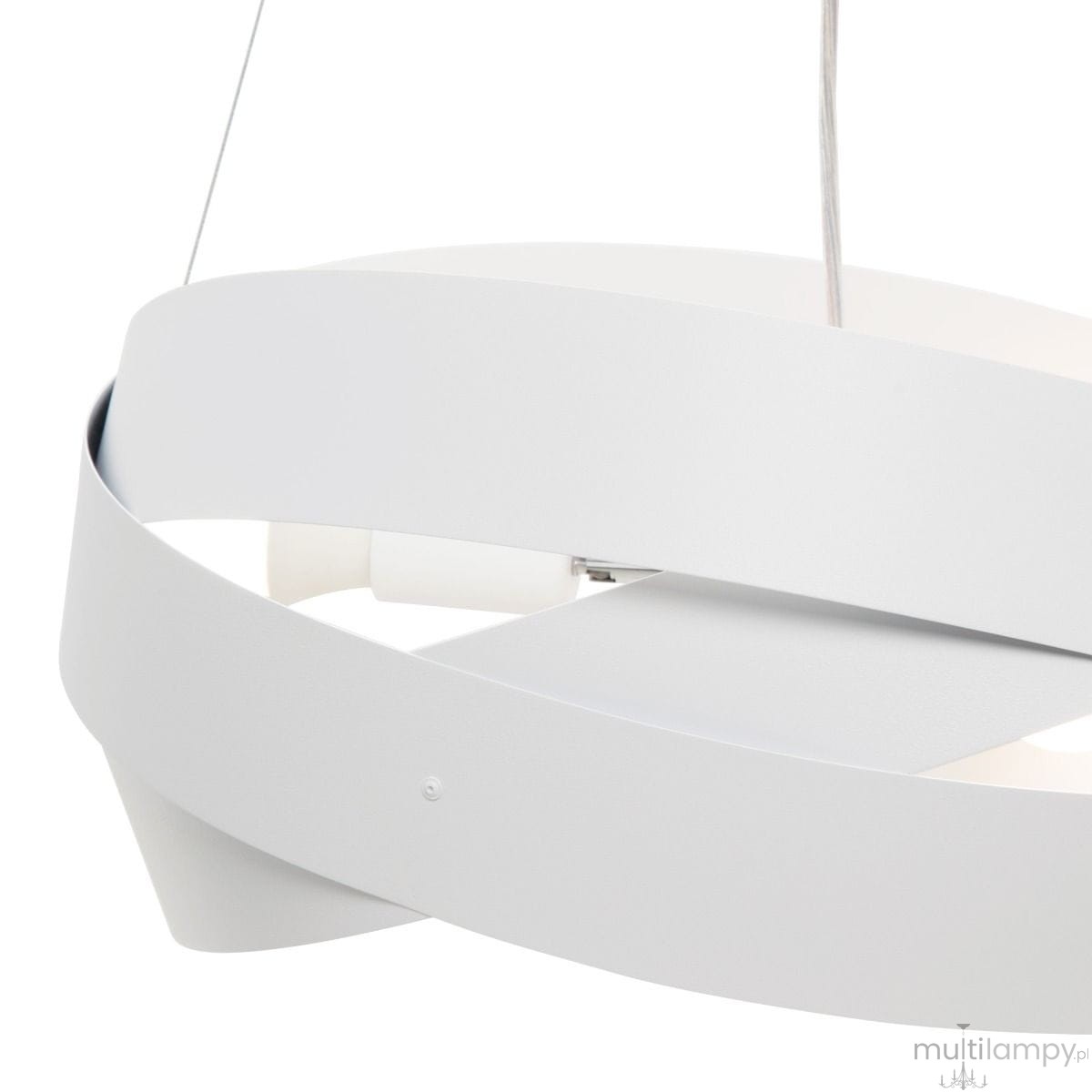 Lampa wisząca Tornado 3xE27 w kolorze białym, wykonana z metalu, o nowoczesnym, minimalistycznym designie. Ujęcie z boku, ukazujące opływowe kształty i detale mocowania. Idealna do nowoczesnych wnętrz.