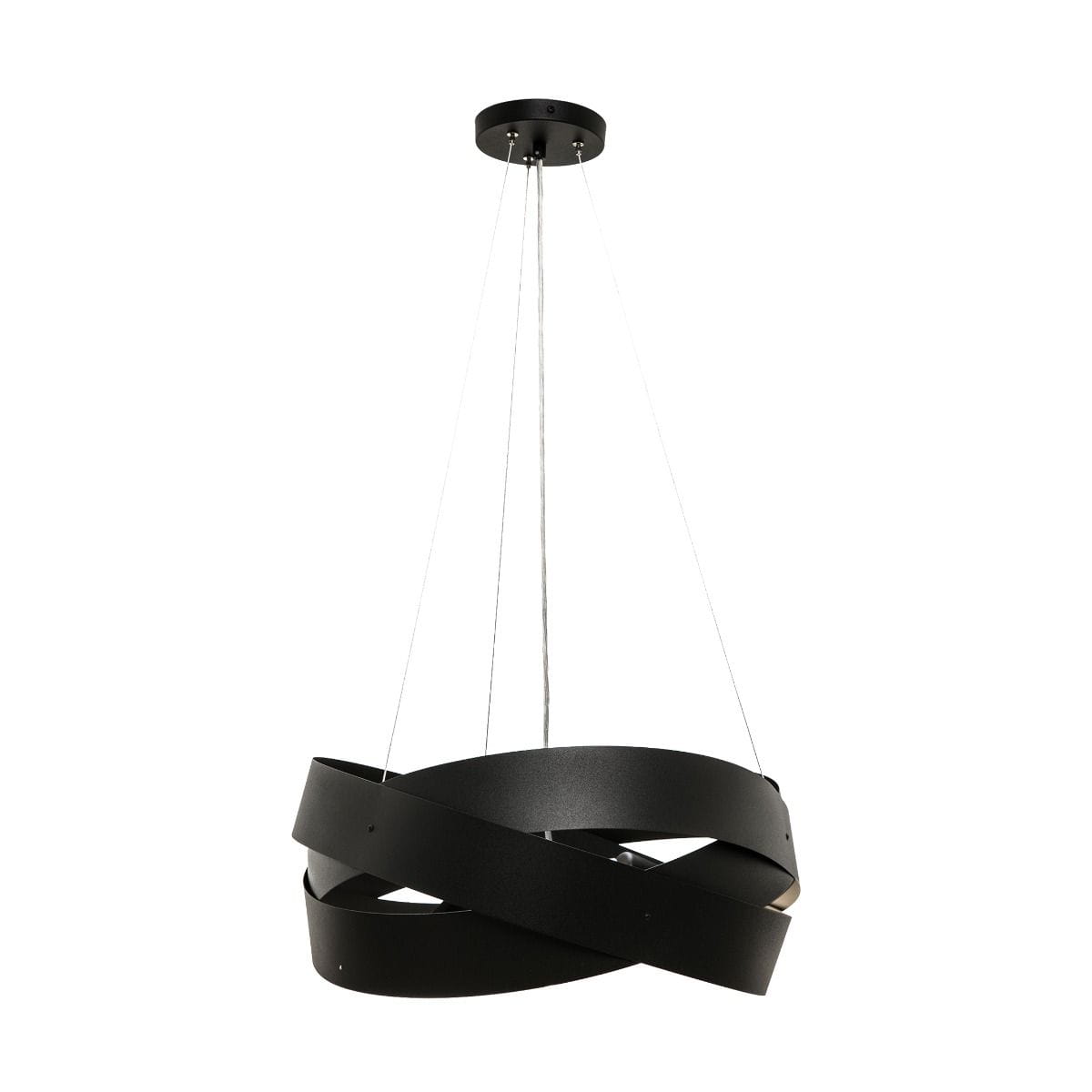 Lampa wisząca Tornado w kolorze czarnym, z trzema miejscami na żarówki E27. Posiada nowoczesny, skręcony kształt z matowego metalu. Zawieszona na cienkich linkach, idealna do nowoczesnych wnętrz.