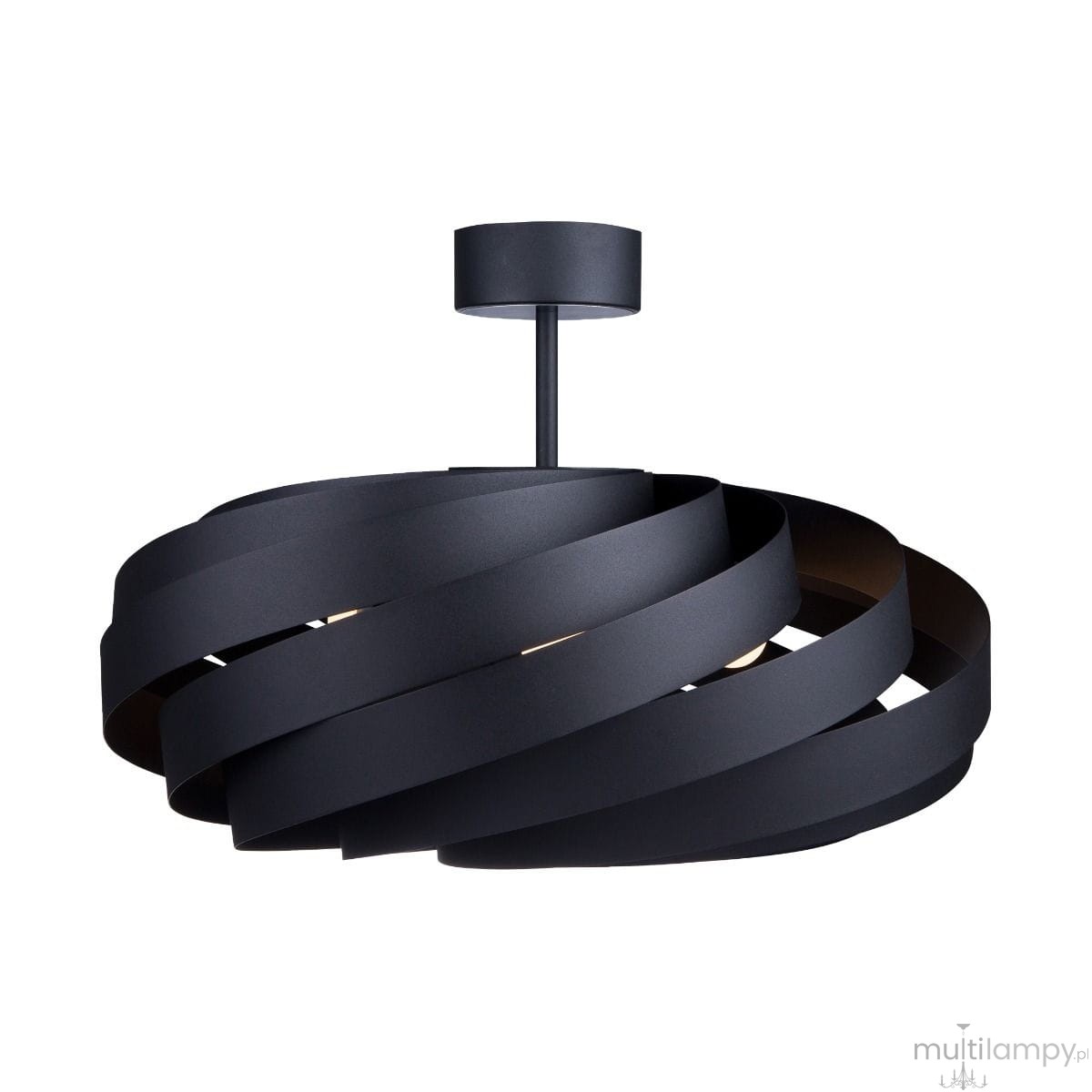 Lampa sufitowa Vento czarna z 4 gniazdami E27, o nowoczesnym designie. Posiada spiralny kształt z matowego materiału. Widok z dołu, z zamontowanym mocowaniem na suficie. Idealna do aranżacji wnętrz.
