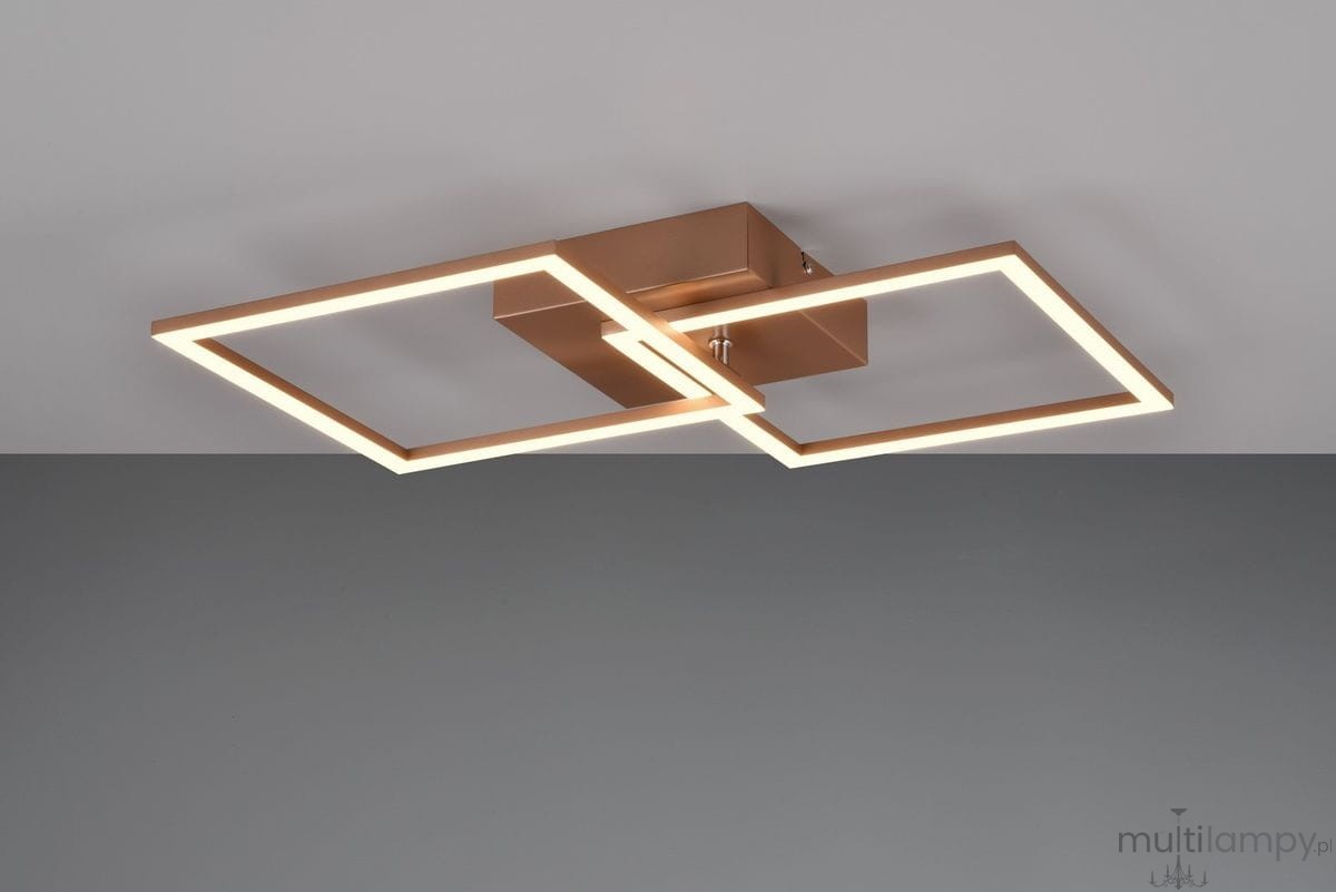 Brązowa lampa sufitowa Trail z dwoma kwadratowymi ramkami LED o mocy 20W, montowana na suficie. Widok z dołu, ukazujący prosty, nowoczesny design z podświetlonymi krawędziami. Tło w odcieniach szarości.