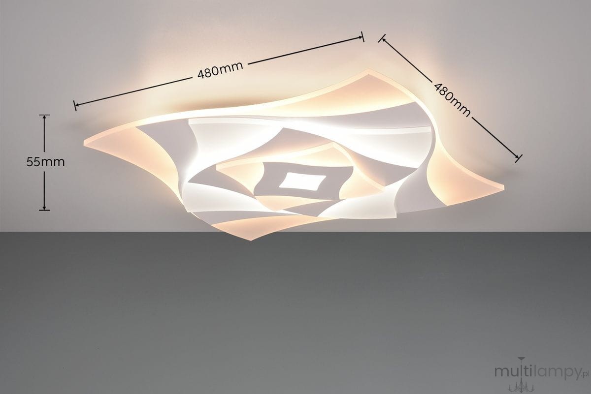 Plafon Akita w kolorze białym, wykonany z tworzywa sztucznego, o wymiarach 480mm x 480mm i wysokości 55mm. Kształt geometryczny z delikatnymi zaokrągleniami. Zawiera zintegrowane źródło światła LED o mocy 56W, obsługiwany pilotem.
