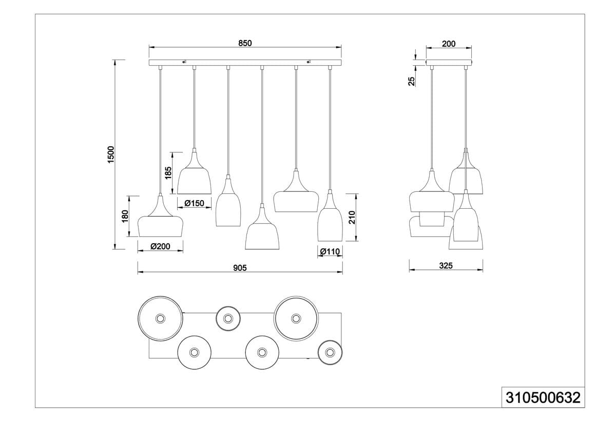 Czarna lampa wisząca Chiraz z miejscem na 6 żarówek E27, w kształcie różnych kloszy. Ujęcie frontalne, z widoczną długością 1500 mm i szerokością 850 mm. Zawieszenie na prostokątnej podsufitce. Wymiary kloszy: Ø110 mm, Ø150 mm, Ø200 mm.