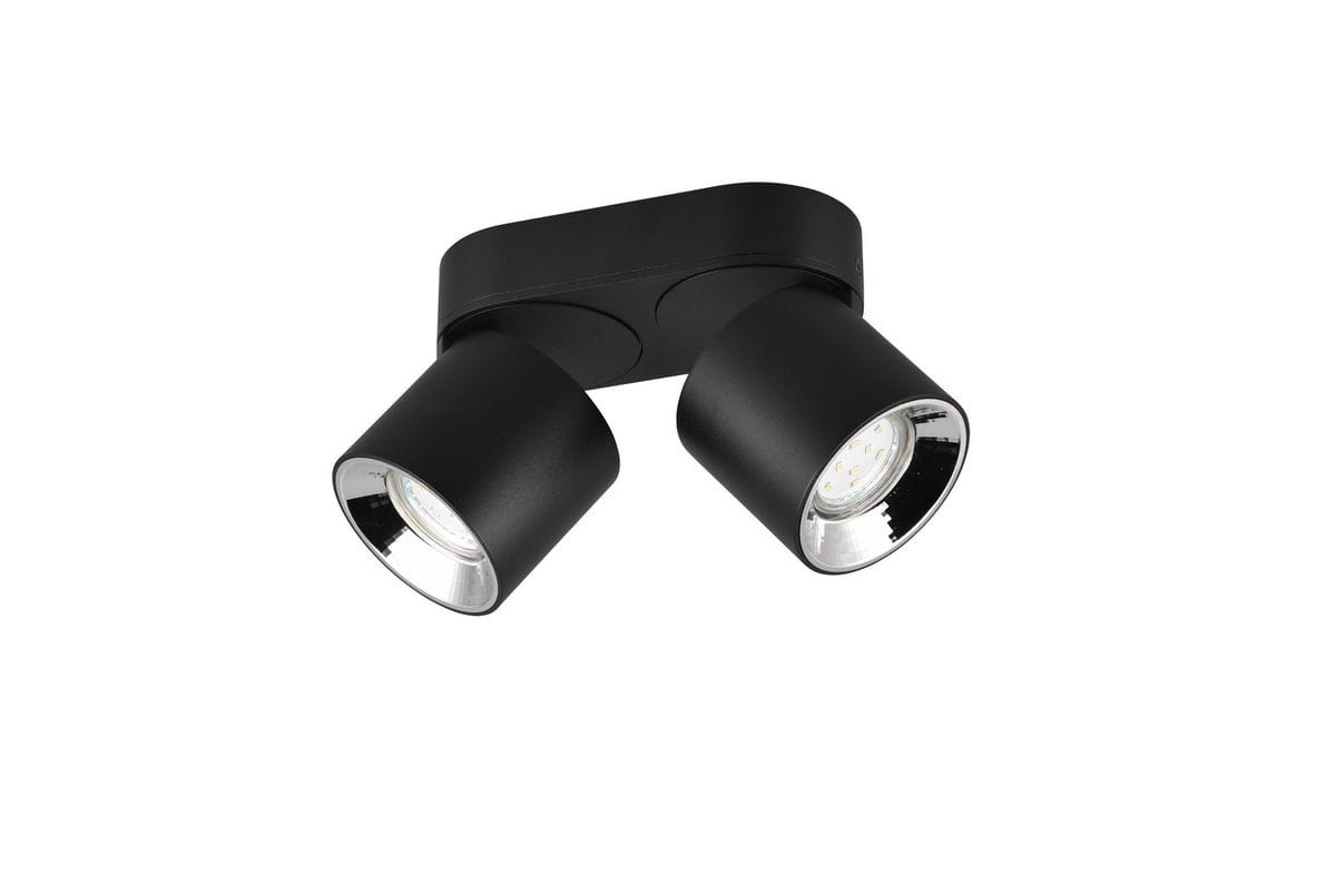 Czarna lampa sufitowa Guayana z dwoma reflektorami GU10. Ujęcie frontalne, widoczne dwa cylindryczne klosze z metalicznymi wykończeniami. Prosta konstrukcja montowana do sufitu, idealna do oświetlenia wnętrz.