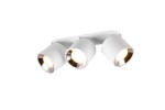 Lampa sufitowa Guayana w kolorze białym z trzema reflektorami GU10. Reflektory mają okrągłe, metaliczne wnętrza i są zamocowane na prostokątnej podstawie. Ujęcie z boku, pokazujące wszystkie trzy źródła światła.