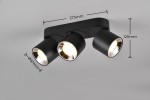 Czarna lampa sufitowa Guayana z trzema reflektorami GU10, umieszczona na prostokątnej podstawie. Wymiary: długość 273 mm, wysokość 120 mm, średnica reflektorów 87 mm. Reflektory skierowane w różne strony, idealne do oświetlenia wnętrz.