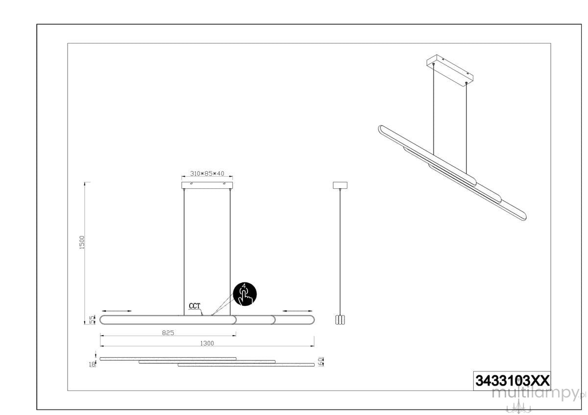 Czarna lampa wisząca Helios z jedną diodą LED o mocy 48W. Kształt prostokątny, z regulowanym zawieszeniem. Wymiary: długość 1300 mm, szerokość 825 mm, wysokość 1500 mm. Ujęcie z boku, pokazujące detale.