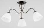 Lampa sufitowa Ariel w kolorze grafitowym z trzema kloszami z białego szkła, zamontowana na okrągłej podstawie. Klosze mają stożkowaty kształt, a całość ma elegancki, nowoczesny wygląd. Produkt widoczny z dołu, z bliska.