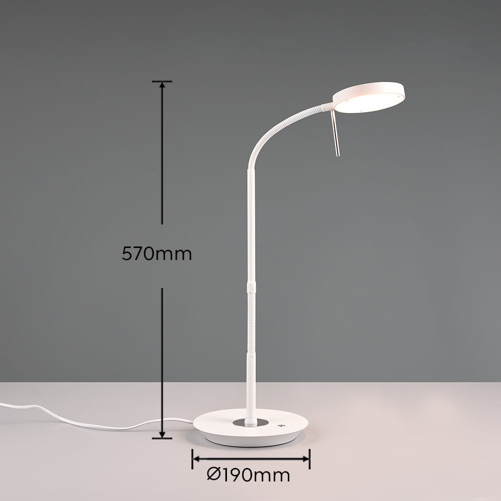 Lampka biurkowa Monza, biała, z elastycznym ramieniem. Wysokość 570 mm, średnica podstawy 190 mm. Wyposażona w diodę LED 12W. Stoi na płaskiej powierzchni, z widocznym kablem zasilającym. Tło szare, minimalistyczne.