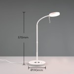 Lampka biurkowa Monza, biała, z elastycznym ramieniem. Wysokość 570 mm, średnica podstawy 190 mm. Wyposażona w diodę LED 12W. Stoi na płaskiej powierzchni, z widocznym kablem zasilającym. Tło szare, minimalistyczne.