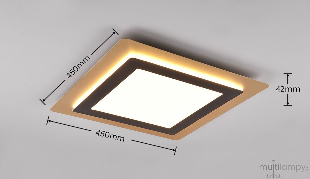 Plafon Morgan z pilotem, 1xLED/46W, w kolorze czarnym z złotymi akcentami. Kwadratowy kształt o wymiarach 450mm x 450mm, grubość 42mm. Delikatne podświetlenie krawędzi. Montowany do sufitu, idealny do nowoczesnych wnętrz.
