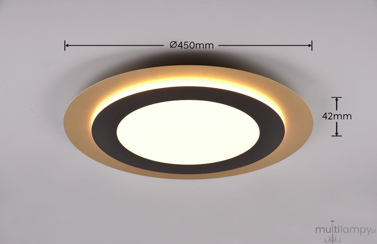 Plafon Morgan z pilotem, 1xLED/42W, o średnicy 450 mm i wysokości 42 mm. Wykończenie w kolorze czarnym i złotym, okrągły kształt z białym kloszem i podświetleniem. Produkt wiszący, idealny do nowoczesnych wnętrz.