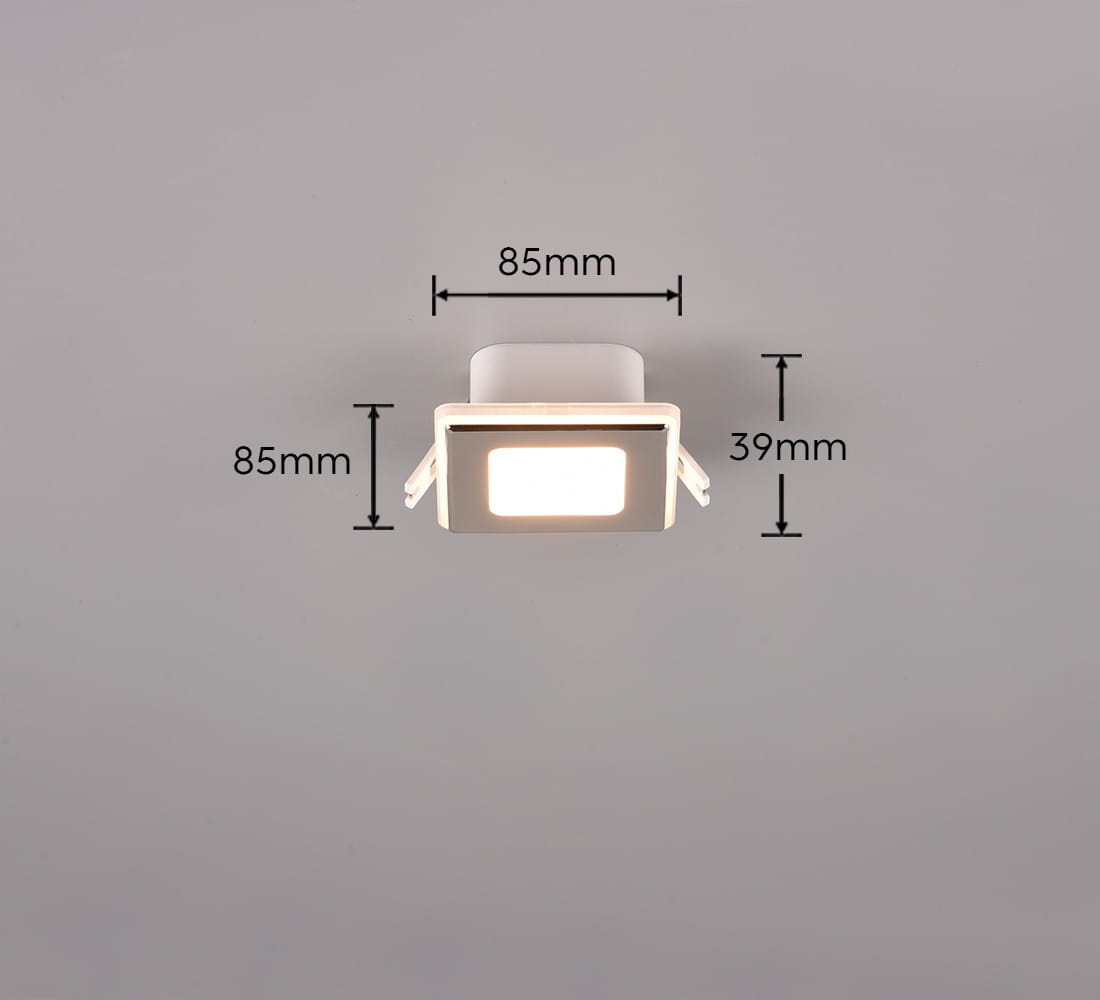 Oprawa sufitowa Nimbus do zabudowy, w kolorze białym, z dwoma żarówkami LED o mocy 5W. Wymiary: 85 mm x 85 mm, wysokość 39 mm. Zainstalowana w sposób wpuszczony w sufit, idealna do wnętrz z klasą ochrony IP44.