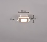 Oprawa sufitowa Nimbus do zabudowy, w kolorze białym, z dwoma żarówkami LED o mocy 5W. Wymiary: 85 mm x 85 mm, wysokość 39 mm. Zainstalowana w sposób wpuszczony w sufit, idealna do wnętrz z klasą ochrony IP44.