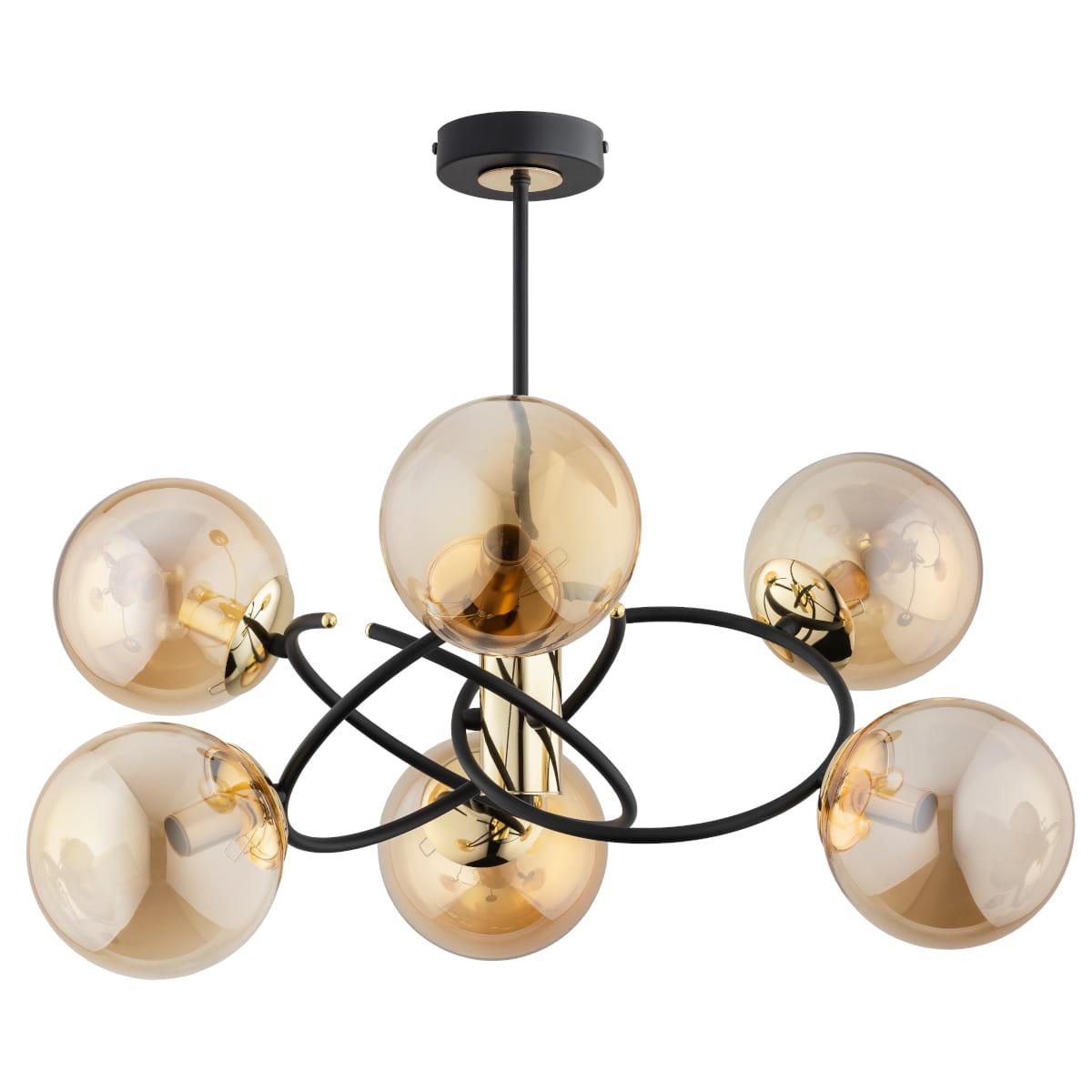 Lampa wisząca Orbita Mix 6-punktowa w kolorze czarnym i złotym. Posiada sześć przeszklonych kul w odcieniu bursztynowym, umieszczonych na czarnych, zakrzywionych ramionach. Montaż sufitowy, widok z dołu, podkreślający nowoczesny design.