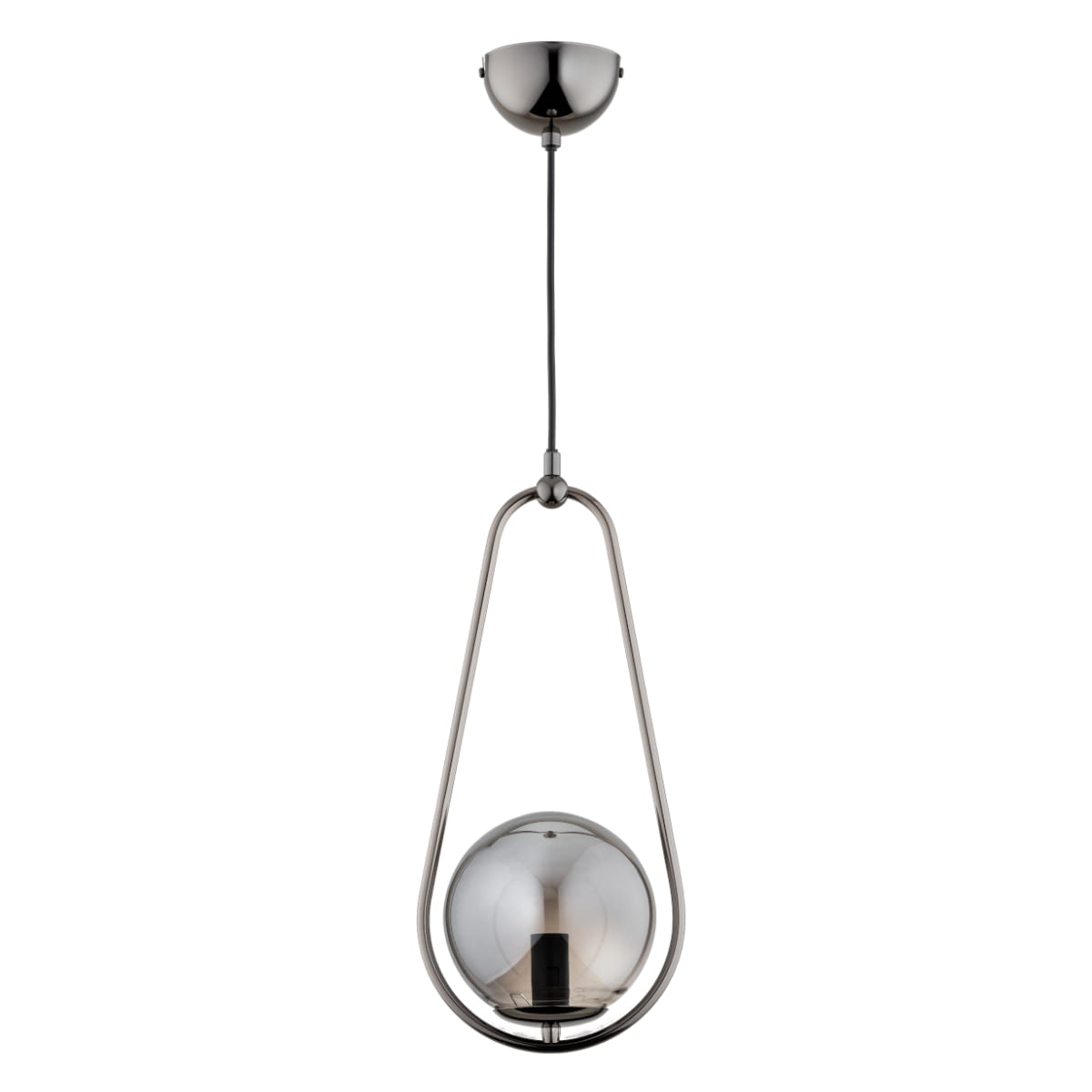 Lampa wisząca Elipsa 1xE14 w kolorze grafitowym, z metalowym uchwytem w kształcie kropli. Szklana kula w odcieniu szarym z widocznym gniazdem. Zawieszona na cienkim kablu, montowana do sufitu.