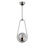 Lampa wisząca Elipsa 1xE14 w kolorze grafitowym, z metalowym uchwytem w kształcie kropli. Szklana kula w odcieniu szarym z widocznym gniazdem. Zawieszona na cienkim kablu, montowana do sufitu.