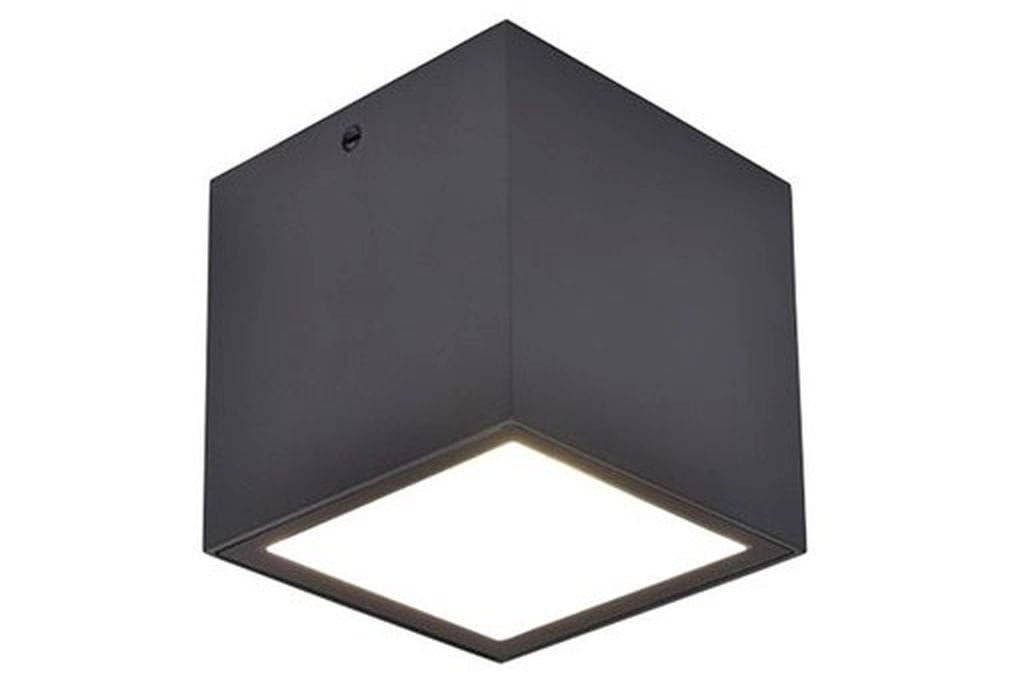 Lampa sufitowa Gemini w kolorze ciemnoszarym, kwadratowa, z jedną diodą LED 7W i temperaturą barwową 4000K. Ujęcie z boku, pokazujące gładką powierzchnię i jasne źródło światła na dolnej krawędzi.