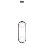 Lampa wisząca Parva 2xE14 w kolorze czarnym i białym, z dwoma okrągłymi kloszami z matowego szkła, zawieszona na cienkim przewodzie. Ramka w formie elipsy, montowana do sufitu, prezentująca nowoczesny design.