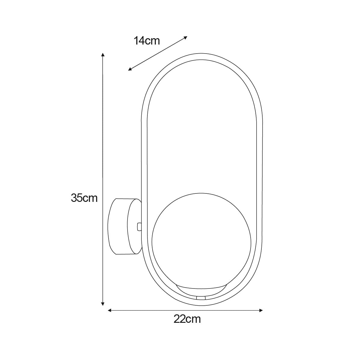 Kinkiet Parva 1xE14 w kolorze czarnym i białym. Owalny kształt, wymiary 35 cm wysokości, 22 cm szerokości, 14 cm głębokości. Montaż ścienny z widocznym przyciskiem włączania. Prosta, nowoczesna forma.