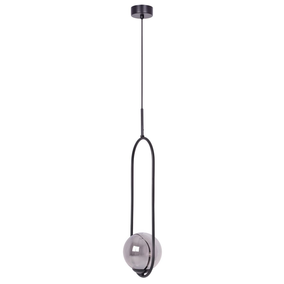 Lampa wisząca Davos z jedną oprawą E14, w kolorze czarnym i grafitowym. Posiada szklany klosz w kształcie kuli, zawieszona na cienkim kablu z metalowym mocowaniem sufitowym. Ujęcie z boku, pokazujące całą lampę.