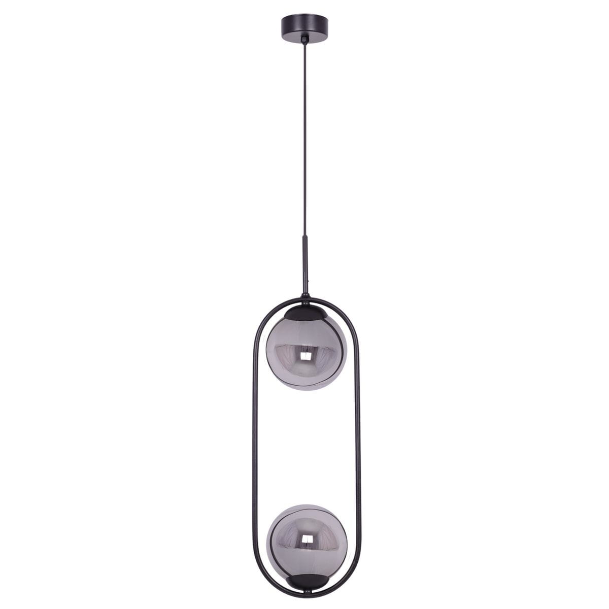 Lampa wisząca Davos w kolorze czarnym i grafitowym z dwoma żarówkami E14. Okrągłe klosze w przezroczystym kolorze, zawieszone na cienkim przewodzie. Stylowy design, montowana na suficie.
