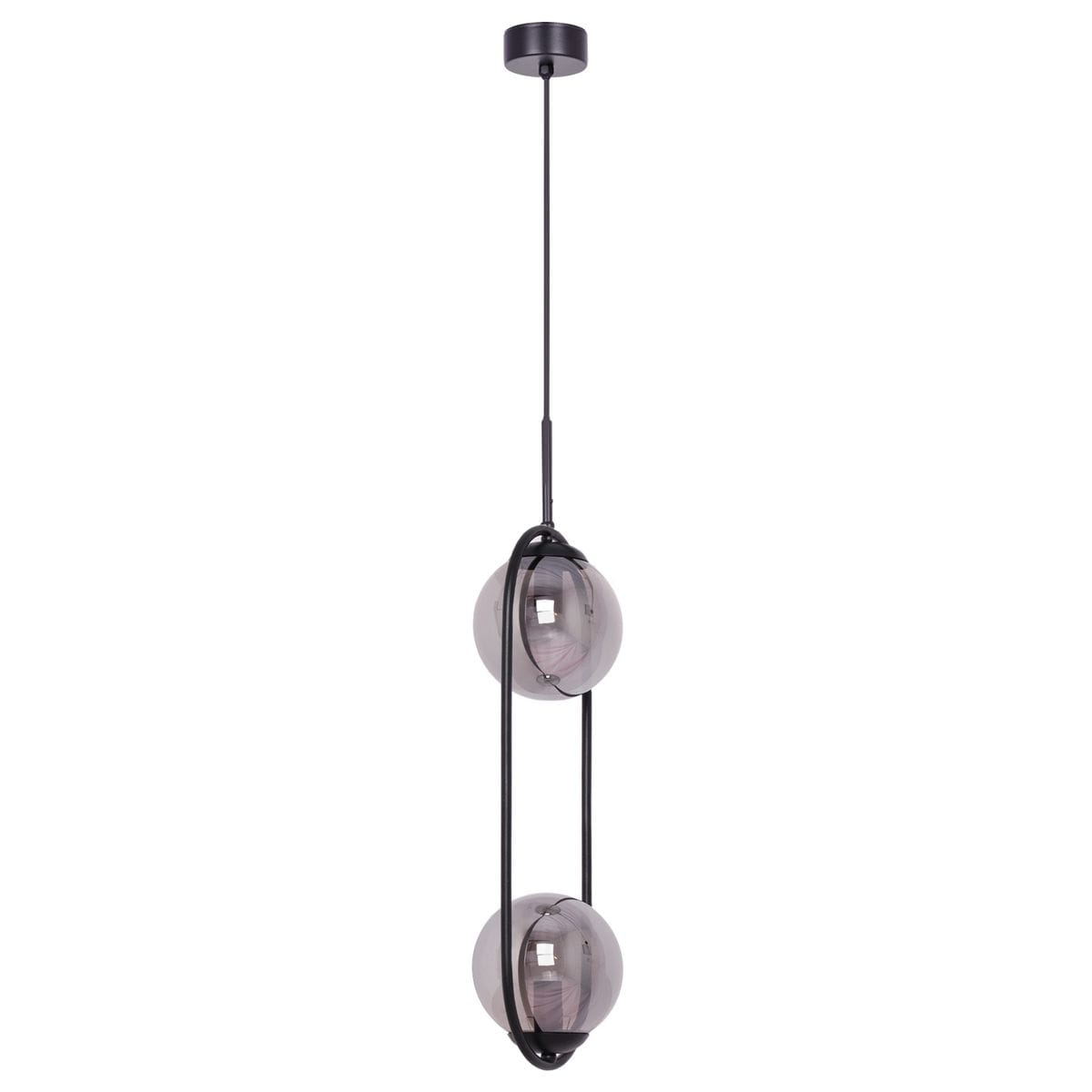 Lampa wisząca Davos z dwoma kulistymi kloszami w kolorze grafitu, zawieszona na smukłym czarnym przewodzie. Klosze są przezroczyste, z lekkim połyskiem, co podkreśla nowoczesny design. Produkt z zamocowaniem sufitowym, w pozycji wiszącej.