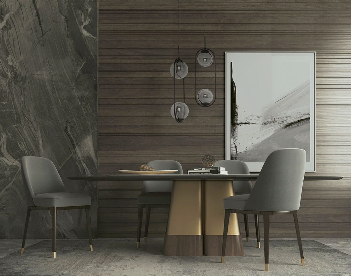 Lampa wisząca Davos 2xE14 w kolorze czarnym i grafitowym, z okrągłymi kloszami, zawieszona nad okrągłym stołem w nowoczesnej jadalni. Tło z drewnianymi panelami i ciemnym kamieniem. Wnętrze minimalistyczne, z szarymi krzesłami.