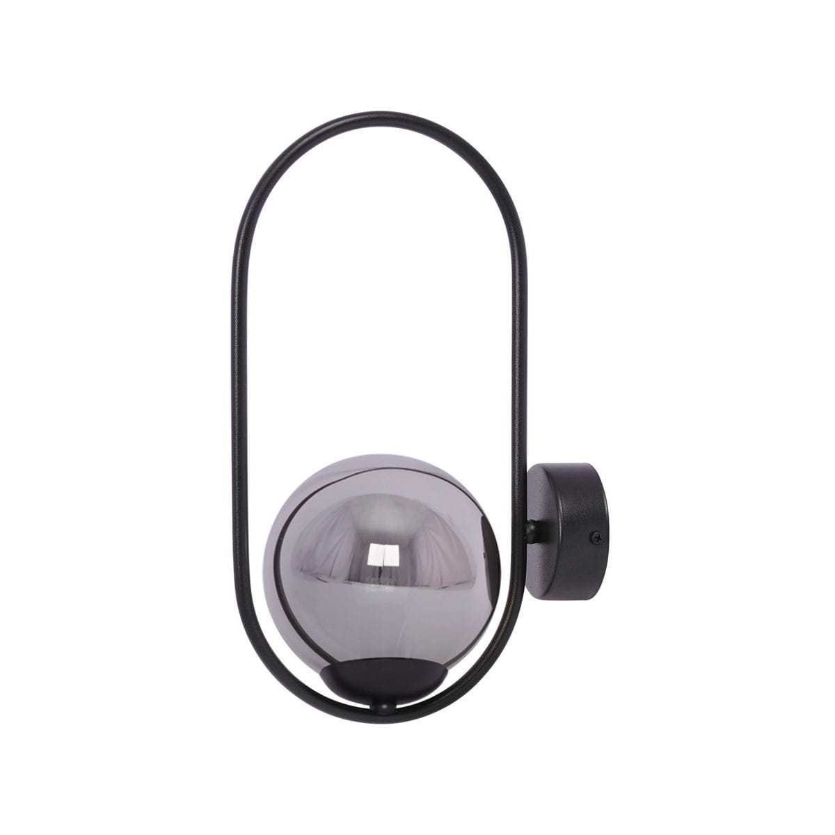 Kinkiet Davos 1xE14 w kolorze czarnym i grafitowym, z metalową ramą w kształcie elipsy. Posiada przezroczystą kulistą oprawę, która odbija światło. Montowany na ścianie, z widocznym elementem mocującym.
