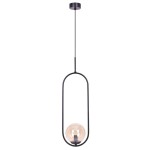 Lampa wisząca Venta 1xE14 w kolorze czarnym z bursztynowym kloszem. Owalny kształt, zawieszona na cienkim przewodzie. Widoczny gwint lampy wewnątrz klosza. Tło białe, co podkreśla elegancki design.